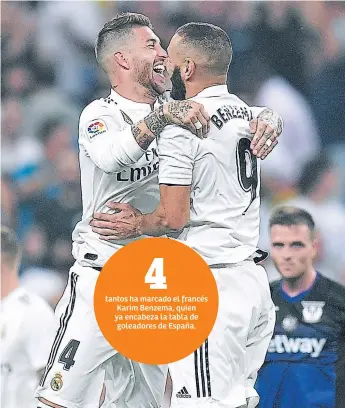  ??  ?? ARRIBA. El capitán Sergio Ramos y Karim Benzema celebran un gol contra Leganés.