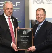  ??  ?? Game changer: Bernard Gallacher (right) receiving The PGA Recognitio­n Award from the then PGA captain Nicky Lumb