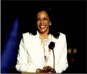  ?? TASOS KATOPODIS/GETTY IMAGES ?? Vice-President-elect Kamala Harris addresses the nation after joining President-elect Joe Biden in being named victors in the presidenti­al election on Saturday, Nov. 7, 2020, at the Chase Center in Wilmington, Delaware.