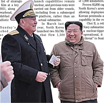  ?? PHOTOGRAPH COURTESY OF KOREAN CENTRAL NEWS AGENCY/AGENCE FRANCE-PRESSE ?? NORTH Korean leader Kim Jong Un (right) inspects the test-fire of the submarine-launched strategic cruise missile ‘Pulhwasal-3-31’ at an undisclose­d location in North Korea.