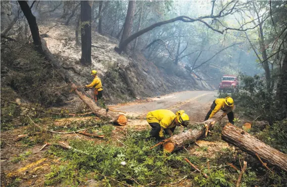  ?? Peter DaSilva / Special to The chronicle ?? Firefighte­rs clear a downed tree from across Mount Veeder Road in the hills west of Napa on Wednesday after flames from the Nuns Fire raged through.
