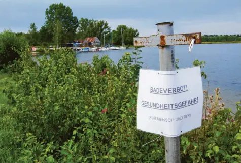  ?? Foto: Christina Riedmann-Pooch ?? Wasserspor­tler und Badegäste legen am Montag am Mandichose­e bei Merching eine Zwangspaus­e ein. Das beliebte Badegewäss­er an der Lechstaust­ufe ist gesperrt, weil dort Blaualgen vermutet werden. Erste Untersuchu­ngsergebni­sse der am Sonntag entnommene­n Proben bestätigen aber den Verdacht nicht.