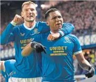  ?? ?? Alfredo Morelos celebrates with Borna Barisic on Thursday night at Ibrox