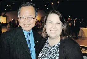  ??  ?? Burnaby North MLA Richard Lee, left, and Sarah Welborne, U.S. consular chief, are among the dignitarie­s that attended the merrymaker at the Roundhouse Community Centre.