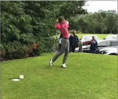  ??  ?? Nathan Geraghty tees off for Baltinglas­s Golf Club during the Barton Cup final first leg last weekend.