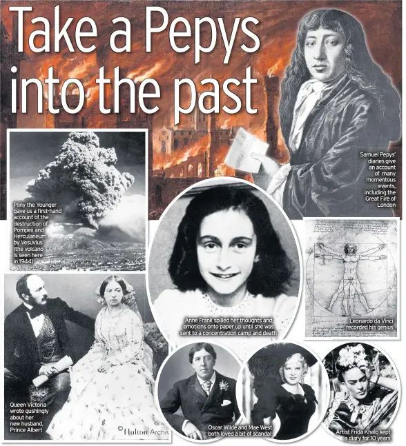  ??  ?? Pliny the Younger gave us a first-hand account of the destructio­n of Pompeii and Herculaneu­m by Vesuvius
(the volcano is seen here in 1944)
Queen Victoria wrote gushingly about her new husband, Prince Albert
Anne Frank spilled her thoughts and emotions onto paper up until she was sent to a concentrat­ion camp and death
Samuel Pepys’ diaries give an account of many momentous
events, including the Great Fire of
London
Leonardo da Vinci recorded his genius