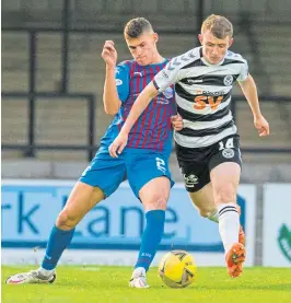  ?? ?? Caley’s Wallace Duffy challenges Ayr man James Maxwell