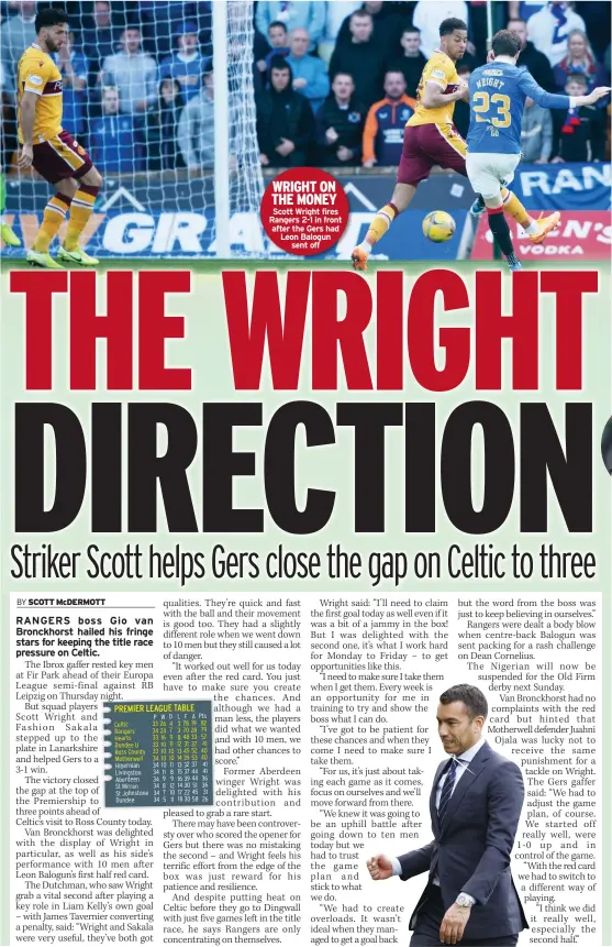  ?? ?? WRIGHT ON THE MONEY Scott Wright fires Rangers 2-1 in front after the Gers had Leon Balogun sent off