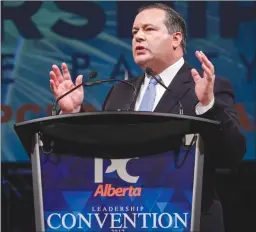  ?? The Canadian Press ?? Jason Kenney delivers his victory speech at the Alberta PC Party leadership convention in Calgary on Saturday. Kenney was elected on the first ballot.