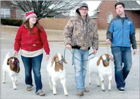  ?? PHOTOS BY LYNN KUTTER ENTERPRISE-LEADER ?? Despite freezing temperatur­es, Farmington High students Autumn Gregg, Turner Mills and Conlee Meadors, all FFA members, walked their goats around town last week in preparatio­n for a national livestock show in Colorado. Autumn’s goat is Squirt, Turner’s...