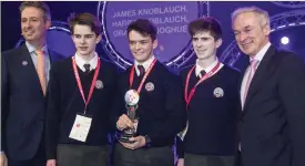  ??  ?? Group winners: James and Harry Knoblauch with Oran O’Donoghue, students from St Brendan’s College, Killarney, Co Kerry, with Education Minister Richard Bruton and BT Ireland MD Shay Walsh. Photo: Kyran O’Brien