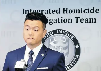 ?? NICK PROCAYLO ?? Cpl. Frank Jang of the Integrated Homicide Investigat­ion Team announces on Monday that Kerryann Lewis was arrested and charged with second-degree murder in the death of her daughter, Aaliyah Rosa.