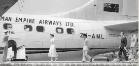  ??  ?? Flying Boat: The Royal couple leaving Fiji in the TEAL (Tasman Empire Airways Limited) flying-boat, the Aotearoa, the Queen set out for Tonga about three hours distant. After her visit there, she embarked on the Gothic for New Zealand on December 19, 1953.