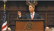  ?? © 2019 Hearst Media Services CT LLC Jessica Hill / Associated Press ?? Gov. Ned Lamont addresses the House and the Senate at the state Capitol on Thursday.