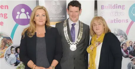  ??  ?? Gina McIntyre, Chief Executive Officer of the Special EU Programmes Body, Cllr. Colm Markey and Joan Martin, Louth County Council at the launch of the Louth County Council Peace IV action plan in The Crowne Plaza.