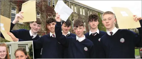  ?? Photos by Michelle Cooper Galvin ?? LEFT: Sinead Gleeson and Kayleigh O’Connor who received their Junior Certificat­e results at Killarney Community College on Friday. ABOVE: Tim Myers, Jackson O’Mahony, Jaden Tynan, Ronan Coffey, Ryan O’Brien and Harry Byrne received their results at St Brendan’s College.