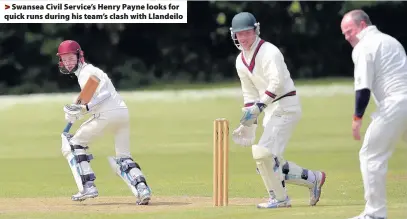  ??  ?? > Swansea Civil Service’s Henry Payne looks for quick runs during his team’s clash with Llandeilo