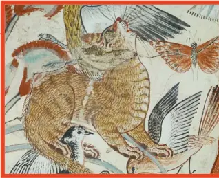  ??  ?? Ett fragment av en gravmålnin­g i Thebe från 1350 f.kr. där Nebamun fiskar medan huskatten fångar fåglar. Fångst i träsket