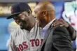  ?? KATHY WILLENS/ ASSOCIATED PRESS ?? Boston’s David Ortiz shares a laugh with former Yankee Mariano Rivera prior to Thursday night’s game.