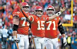  ?? ED ZURGA/AP (MAHOMES), TED S. WARREN/AP (MOSTERT) ?? Chiefs QB Patrick Mahomes (15) and Niners RB Raheem Mostert are two to watch.