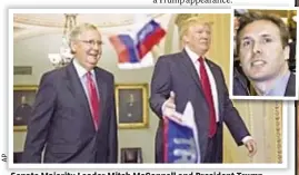  ??  ?? Senate Majority Leader Mitch McConnell and President Trump ignore Russian flags thrown by protester Ryan Clayton (inset).