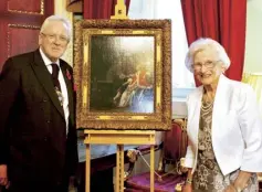 ??  ?? The then Lord Mayor of London, Sir Andrew Parmley, with Hetty – and The Oyster Meal – at a ceremony at Guildhall in November 2017 to restore the painting to its rightful owners