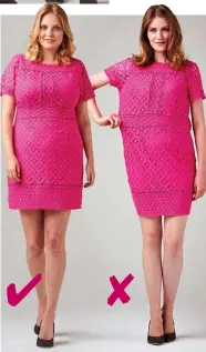  ??  ?? OASIS Pink dress, £46 Large: Chest 42 in; waist 36 in; hips 46 in Small: Chest 36 in; waist 30 in; hips 40 in DOES IT FIT?
Large: The dress is roomy — more like a size 18 — making it a lovely fit, which moulds to curves without clinging and emphasises...