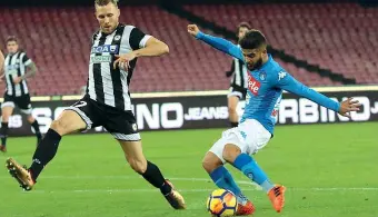  ??  ?? Diagonale Con questo tiro di sinistro, Lorenzo Insigne, 26 anni, ha spinto il Napoli nei quarti di Coppa Italia (Ansa)
