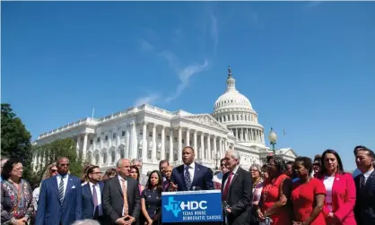  ?? Photograph: Rex/Shuttersto­ck ?? Texas Democratic legislator­s outside the US Capitol earlier this month. The group fled their state to prevent Republican­s from enacting controvers­ial voting restrictio­ns.