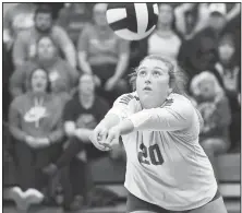  ?? NWA Democrat-Gazette/J.T. WAMPLER ?? Paiton Forbis of Paris returns a shot on Oct. 24, during the championsh­ip match of the 3A-1 Conference volleyball tournament in West Fork.