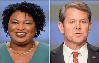  ?? / AP file-John Amis ?? Georgia gubernator­ial candidates Stacey Abrams, left, and Brian Kemp in Atlanta. Abrams’ Democratic campaign filed a federal lawsuit Sunday asking a judge to delay vote certificat­ions in Georgia unsettled governor’s race by one day and to make officials count any votes that were wrongly rejected.