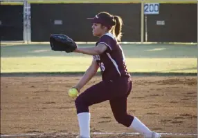  ?? Danielle delivers a pitch during a home game against Brawley Union High earlier this year. KARINA LOPEZ PHOTO ??