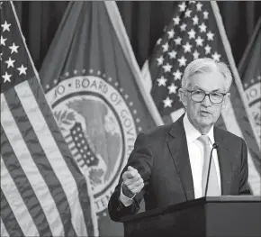  ?? AL DRAGO BLOOMBERG PHOTO ?? Jerome Powell, chairman of the Federal Reserve, speaks during a news conference following a Federal Open Market Committee meeting in Washington last month.