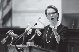  ?? PHOTO BY CRAIG HUDSON /CHARLESTON GAZETTE-MAIL VIA AP ?? West Virginia Supreme Court Justice Robin Davis announces her retirement during a news conference Tuesday in Charleston, W.Va.