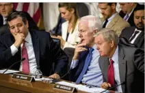  ?? STEPHEN CROWLEY / NEW YORK TIMES ?? Sen. John Cornyn (center), R-Texas, along with Sens. Ted Cruz (left), R-Texas, and Lindsey Graham, R-S.C., participat­e Monday in a Senate Judiciary subcommitt­ee hearing on Russia’s alleged interferen­ce in last year’s presidenti­al election.