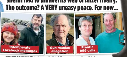  ??  ?? ‘Intemperat­e’ Facebook messages
Gun maniac allegation
‘STRAINED RELATIONSH­IP’: Locals Lesley and Ian Muir, left, Mr Luyken, centre, and Midge and Peter Drake