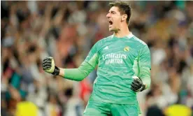  ?? Photograph: DeFodi Images/Getty Images ?? Real Madrid’s Thibaut Courtois celebrates after the win over Manchester City in the semifinal.