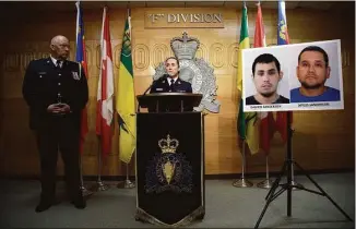  ?? Michael Bell / Associated Press ?? Assistant Commission­er Rhonda Blackmore speaks while Regina Police Chief Evan Bray, left, looks on during a news conference at RCMP “F” Division Headquarte­rs in Regina, Saskatchew­an, on Sunday. Damien Sanderson and Myles Sanderson allegedly stabbed and killed 10 people between James Smith Cree Nation and Weldon, Saskatchew­an, on Sunday morning, and the pair were at large as of Monday afternoon.