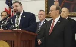  ?? (Photo by Sonny Albarado/ Arkansas Advocate) ?? Rep. Matt Duffield, R-russellvil­le, left, and Sen. Mark Johnson, R-ferndale, at a news conference April 18, 2024, about the death of Bryan Malinowski after federal agents raided his home in March. About 24 other lawmakers stood behind them.