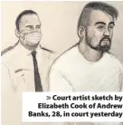  ??  ?? > Court artist sketch by Elizabeth Cook of Andrew Banks, 28, in court yesterday