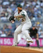  ?? NOAH K. MURRAY — THE ASSOCIATED PRESS ?? A's starting pitcher Frankie Montas allowed two runs on four hits in six innings Tuesday.