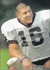  ?? AP PHOTO ?? In this Sept. 13, 2006 photo, Bristol Central tight end Aaron Hernandez appears in Bristol, Conn. Hernandez, a former NFL star who was serving a life sentence for a murder conviction and Friday, April 14, was acquitted of a double murder, died after...