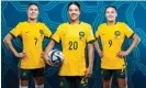  ?? Photograph: Chris Hyde/FIFA/Getty Images ?? Sam Kerr (centre) flanked by Australia teammates Steph Catley (left) and Caitlin Foord, will be in action on the opening day of the 2023 Women’s World Cup.