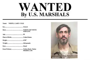  ?? U.S. Marshals Service via AP ?? This image provided by the U.S. Marshals Service on Sunday shows part of a wanted poster for Casey Cole White. On Sunday, the U.S. Marshals announced it is offering up to $10,000 for informatio­n about the escaped inmate and a “missing and endangered” correction­al officer, Vicky White, 56, who disappeare­d Friday after they left the Lauderdale County Detention Center in Florence, Ala.