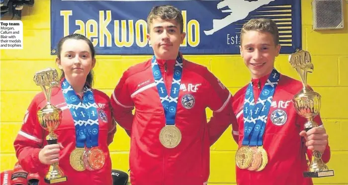  ??  ?? Top team Morgan, Callum and Blair with their medals and trophies