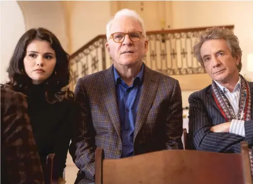  ?? HULU ?? Selena Gomez, Steve Martin and Martin Short play strangers in a Manhattan co-op who bond over their interest in true crime in “Only Murders in the Building.”