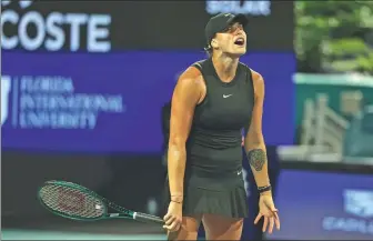  ?? GETTY IMAGES ?? Aryna Sabalenka vents her frustratio­n during her Miami Open third-round loss to Anhelina Kalinina at Hard Rock Stadium on Saturday in Miami Gardens, Florida.