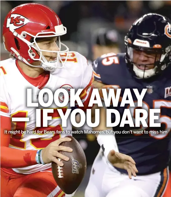  ?? GETTY IMAGES ?? Chiefs quarterbac­k Patrick Mahomes looks for an open receiver as he scrambles away from Bears defensive lineman Roy Robertson-Harris this season at Soldier Field.