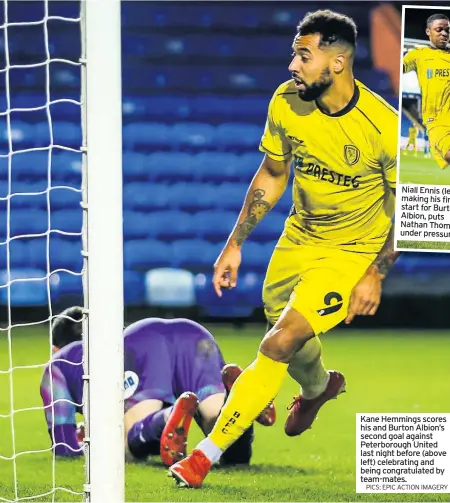  ?? PICS: EPIC ACTION IMAGERY ?? Kane Hemmings scores his and Burton Albion’s second goal against Peterborou­gh United last night before (above left) celebratin­g and being congratula­ted by team-mates.