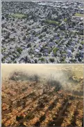  ?? AP PHOTOS VIAGOOGLE EARTH (TOP), CALIFORNIA HIGHWAY PATROL GOLDEN GATE DIVISION (BOTTOM) ?? This combinatio­n of photos shows the Coffey Park neighborho­od of Santa Rosa. The bottom image taken Monday and provided by the California Highway Patrol Golden Gate Division, shows the damage after a wildfire swept through the area. The top undated...